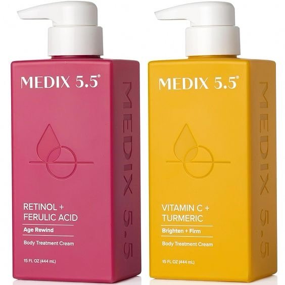 Medix 5.5 Retinol + Ferulic Acid and Vitamin C + Turmeric body treatment creams.